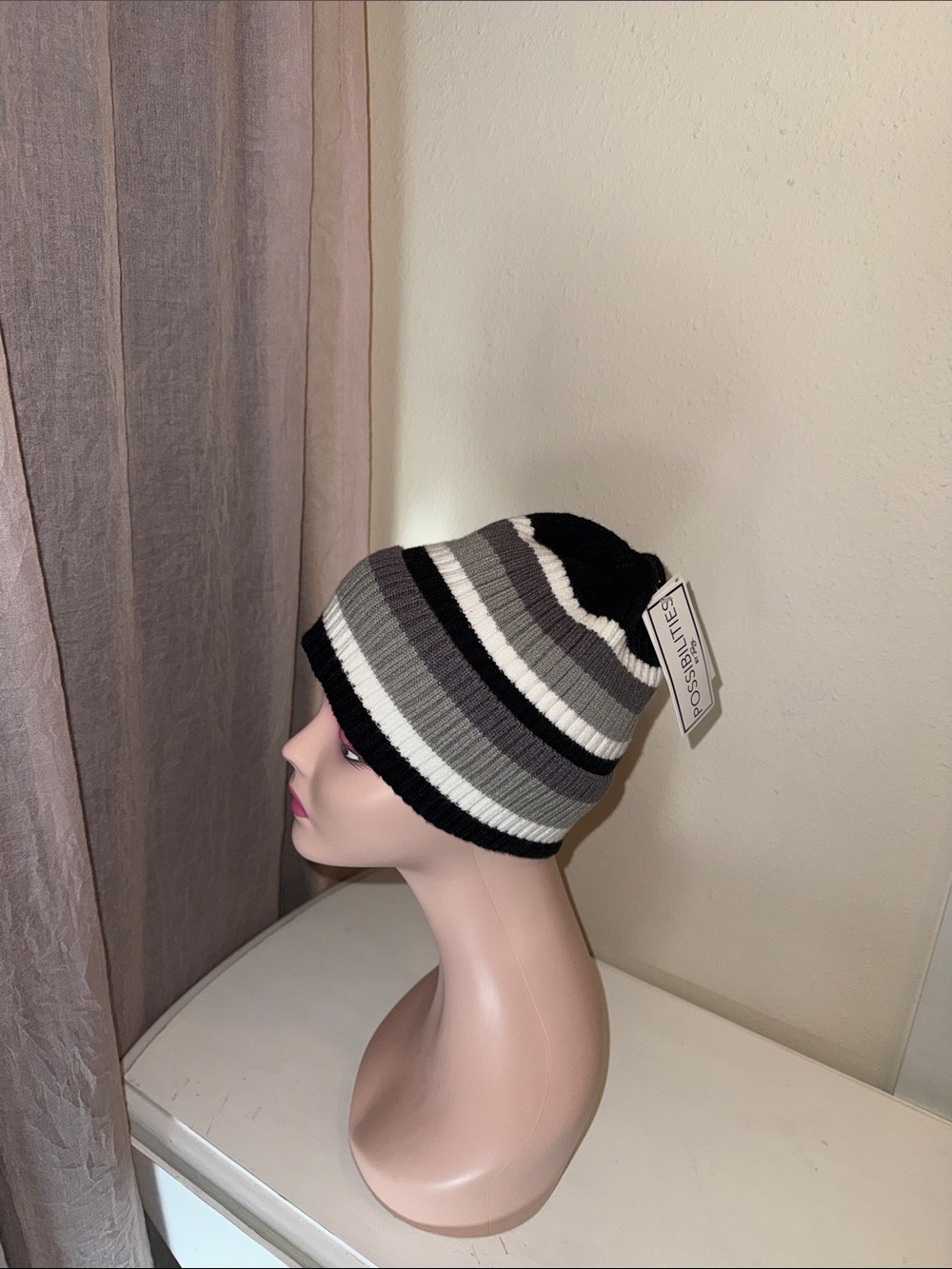 Striped Ribbed Beanie Hat - Black, Gray & White